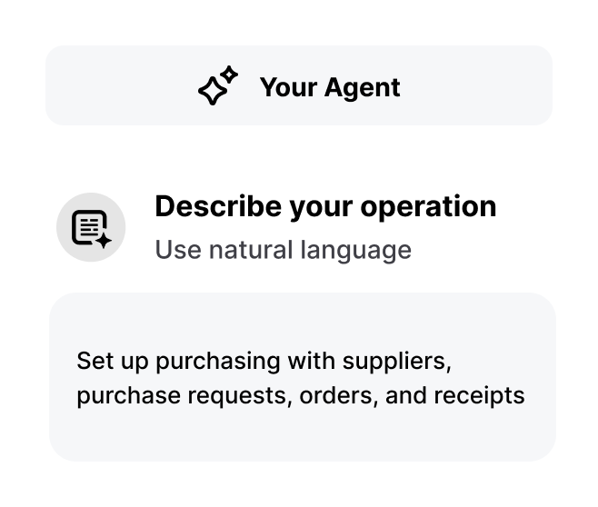Build with your agent: Set up purchasing with suppliers, purchase requests, orders, and receipts.