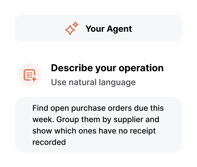 Operate with your agent: Find open purchase orders due this week. Group them by supplier and show which ones have no receipt recorded.