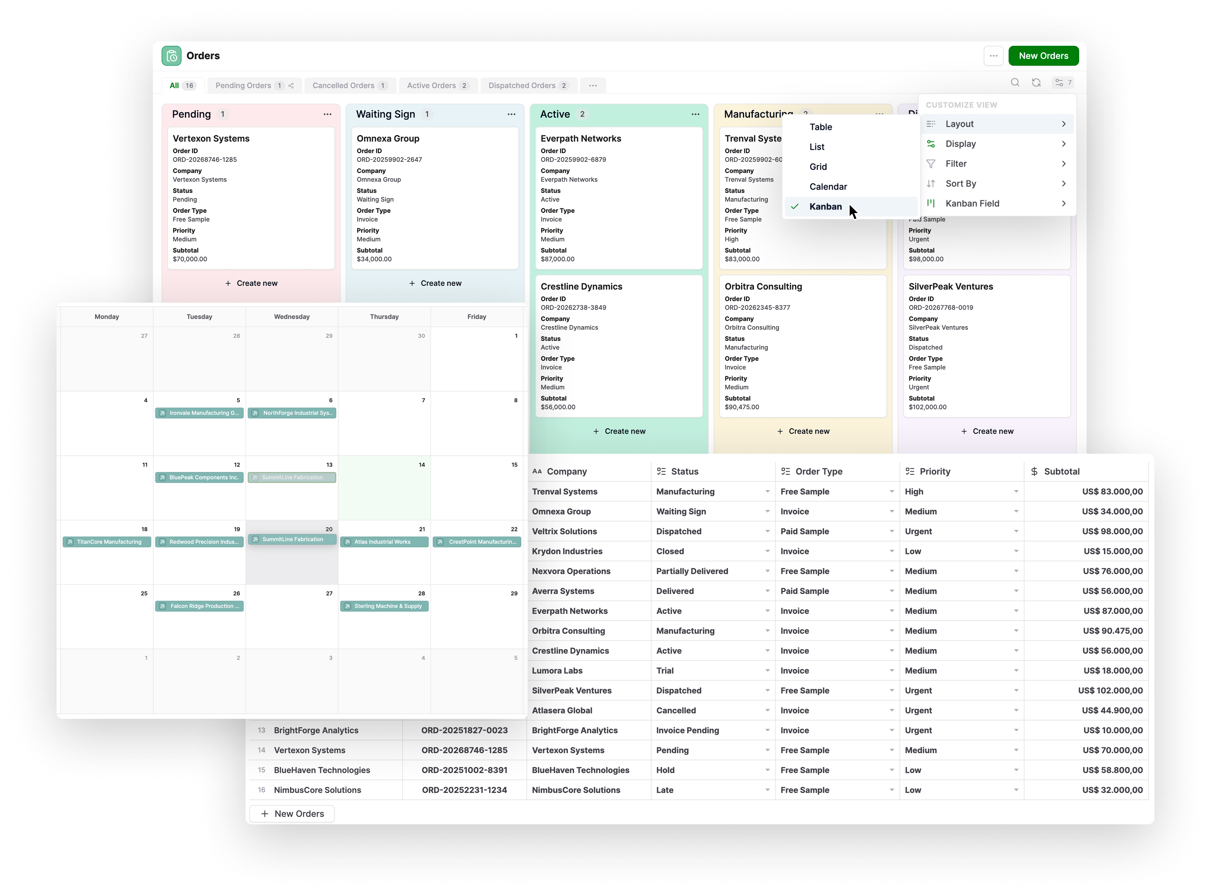 AnyDB orders displayed in Kanban, calendar, and table views