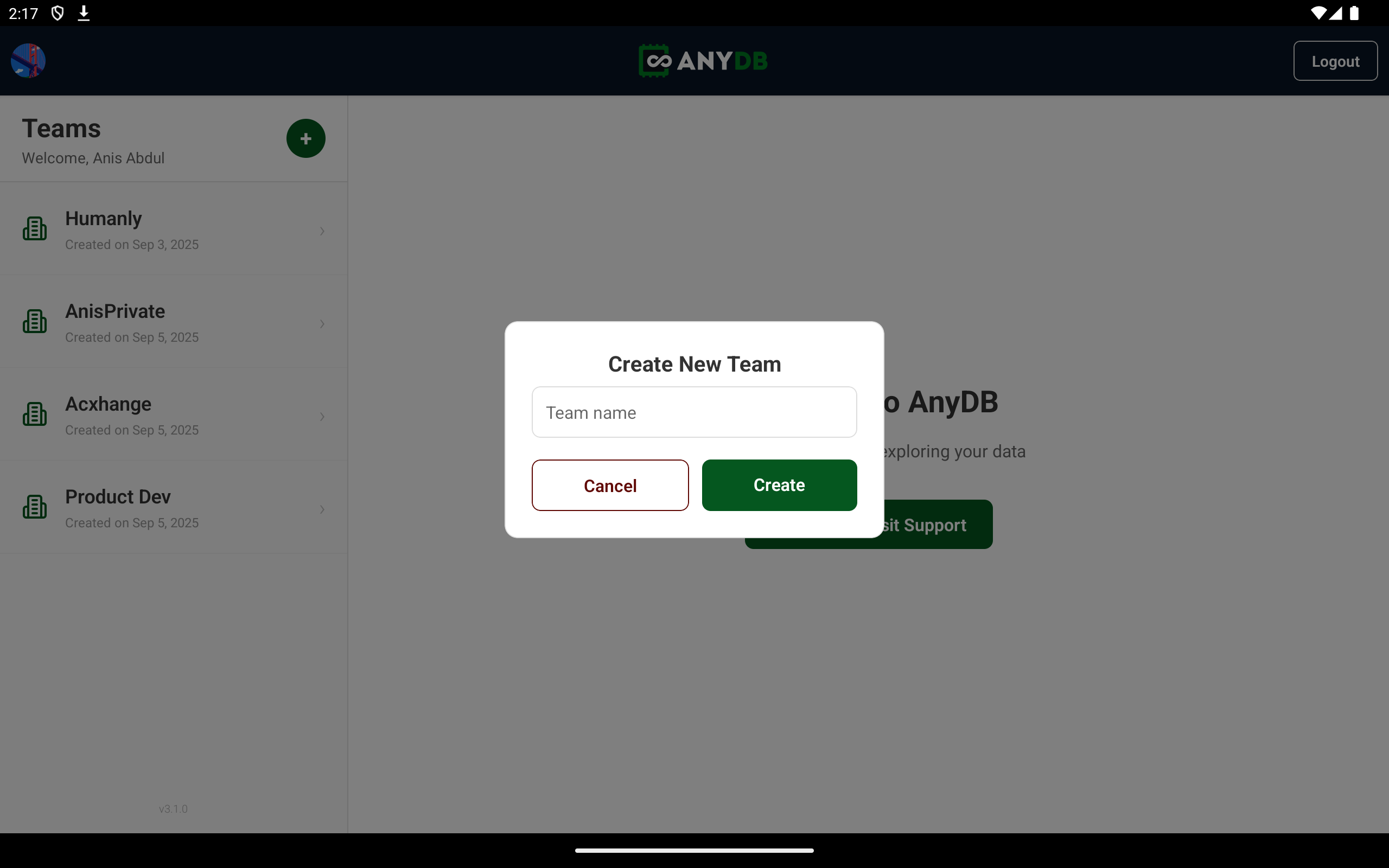 AnyDB Tablet New Team View