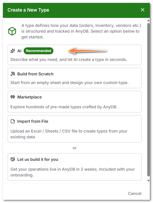 Select AI Option for Type Creation