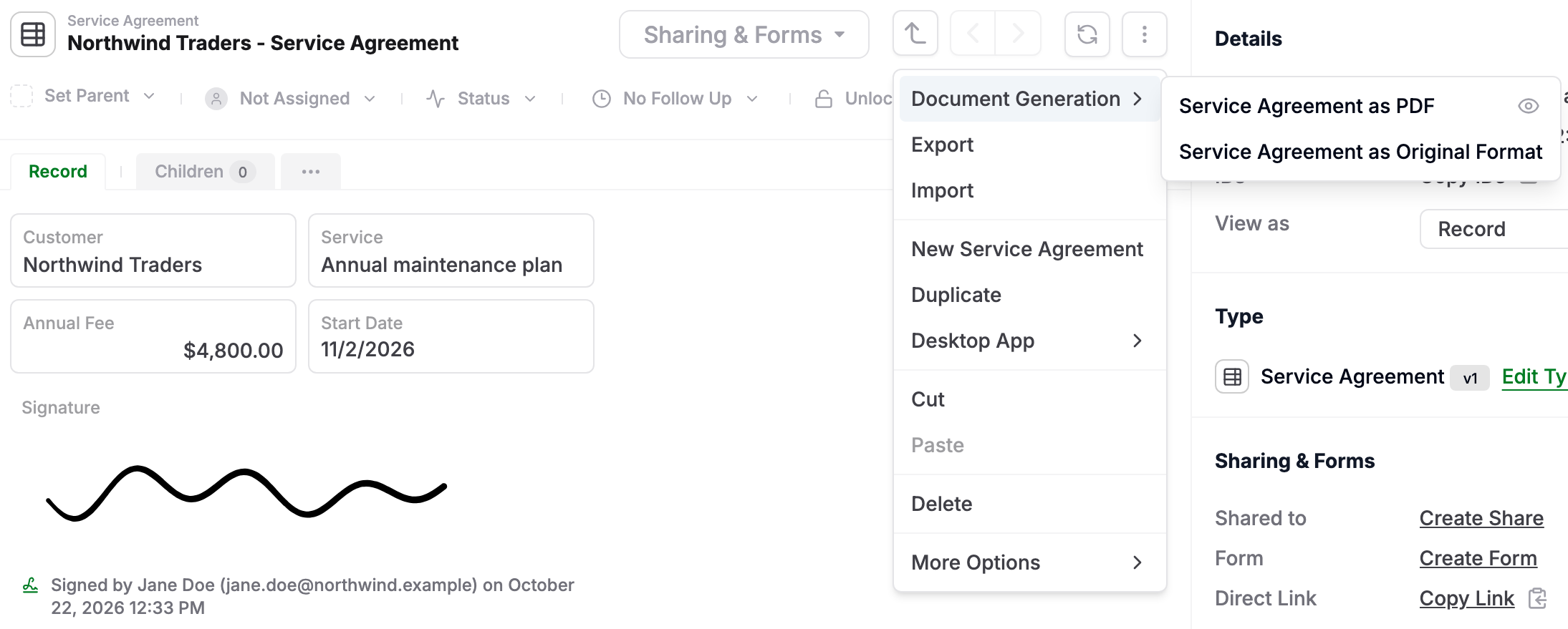 Document Generation menu