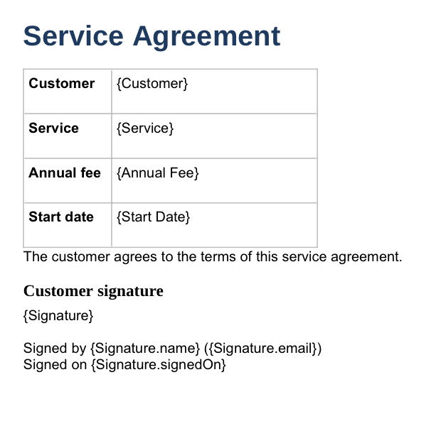 Word template with e-signature tags