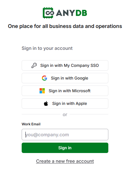 AnyDB login page with the Sign in with My Company SSO button