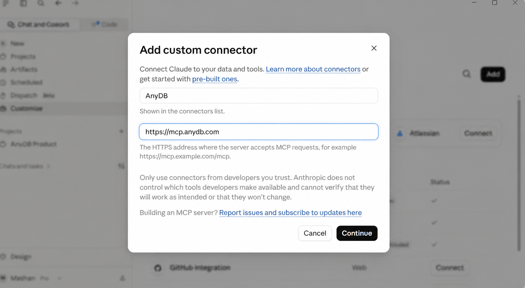 Add the hosted AnyDB MCP server as a custom connector
