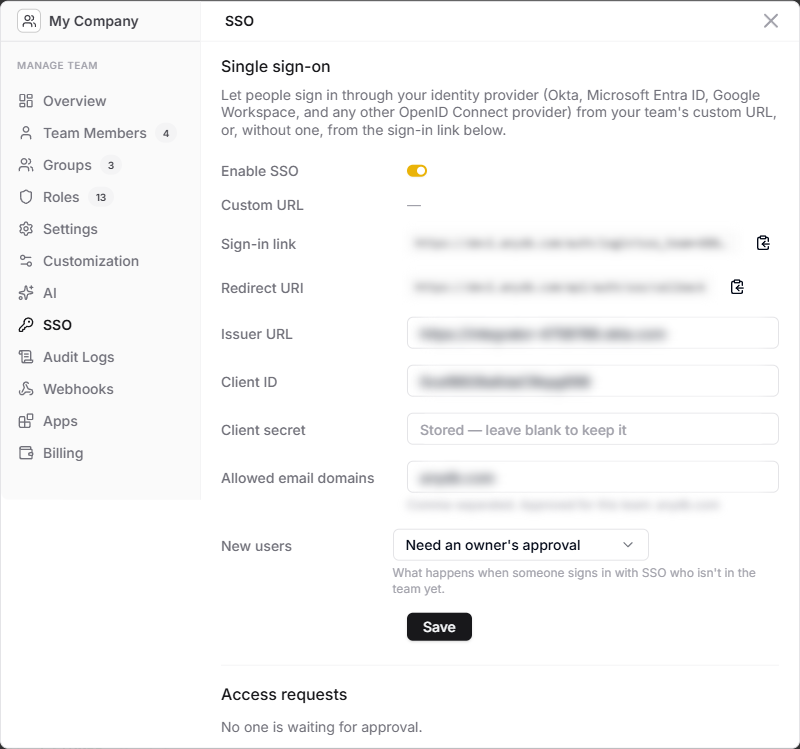 AnyDB team SSO settings with SSO enabled, the issuer, client ID and allowed domains (values blurred)
