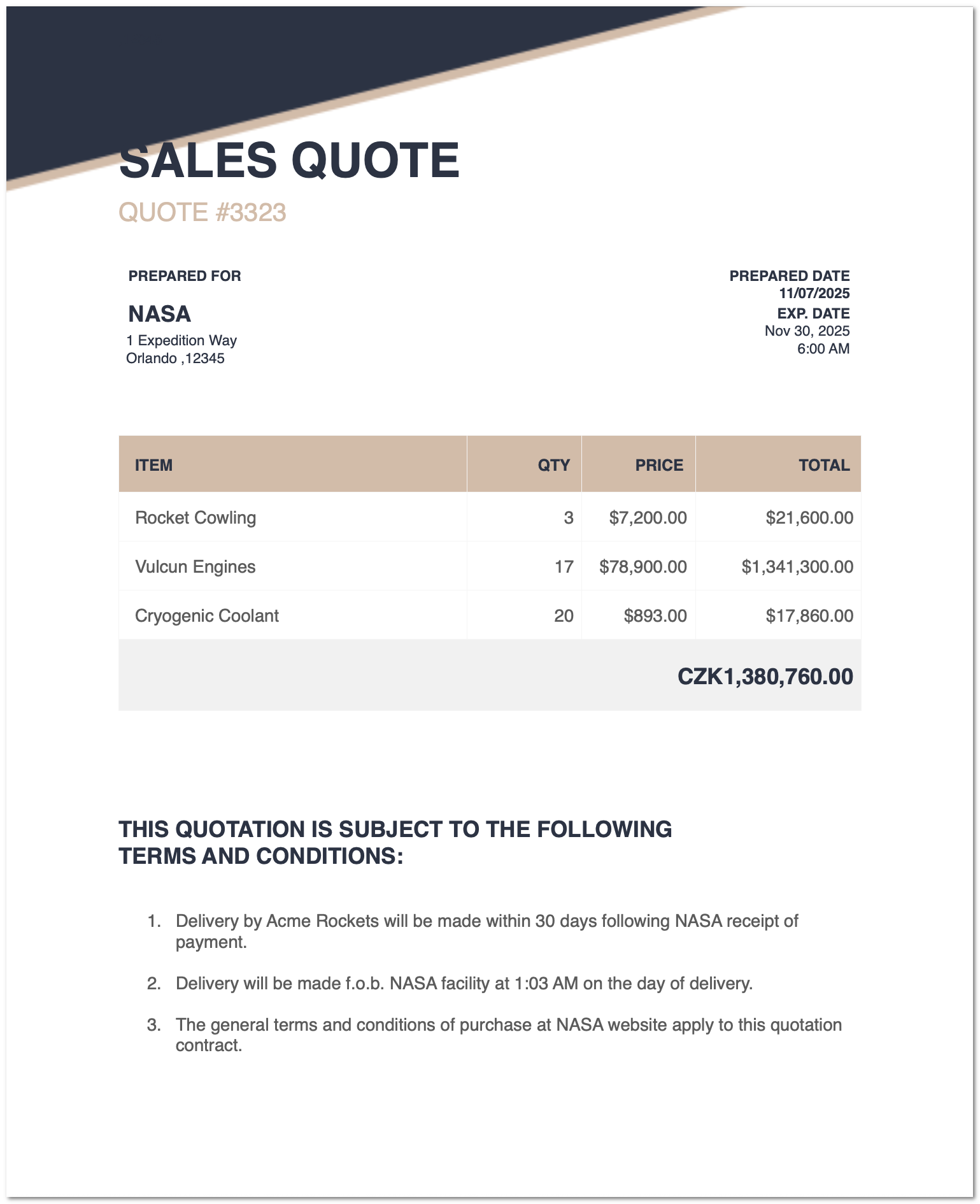 Sample Sales Quote Output