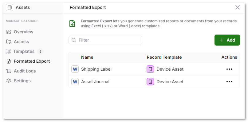 Formatted Export Settings Screen
