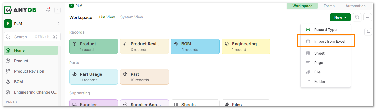 Import Data Option via New Button