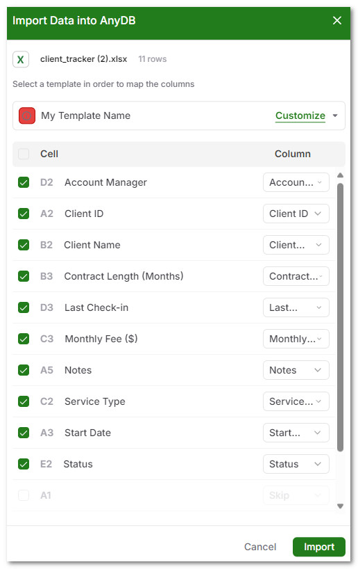 Template Column Mapping