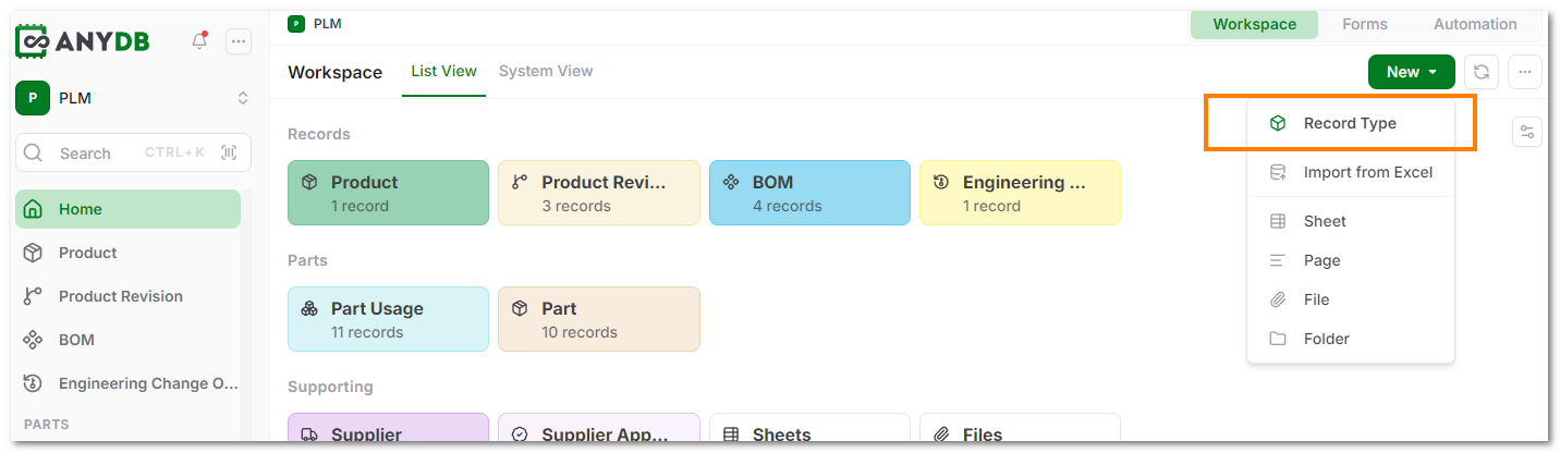 Create Type from Scratch via New Button