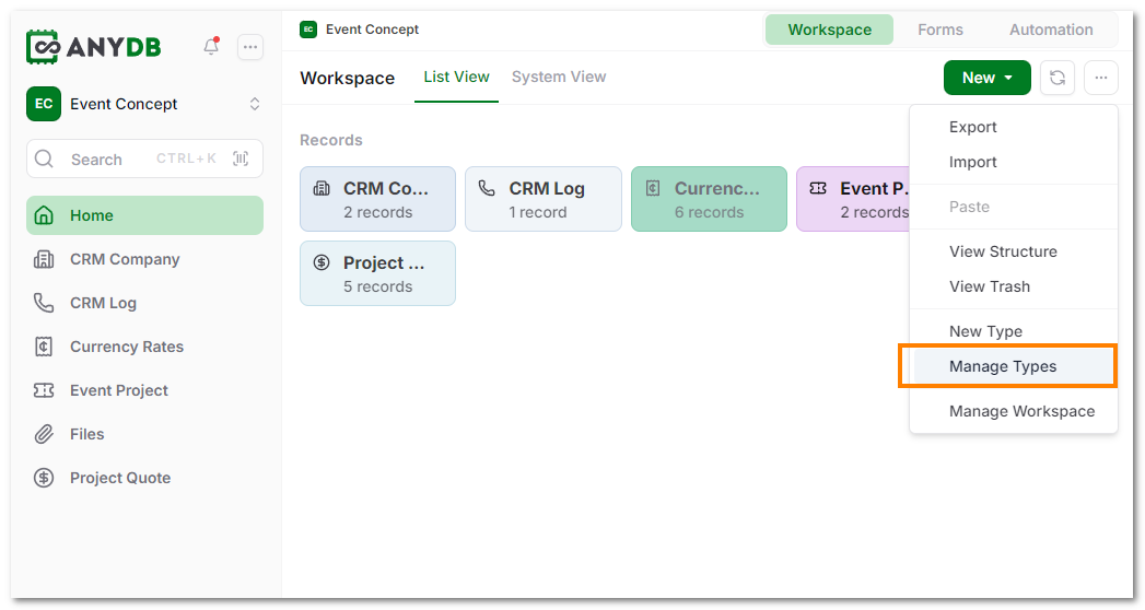 AnyDB Manage Database Dialog