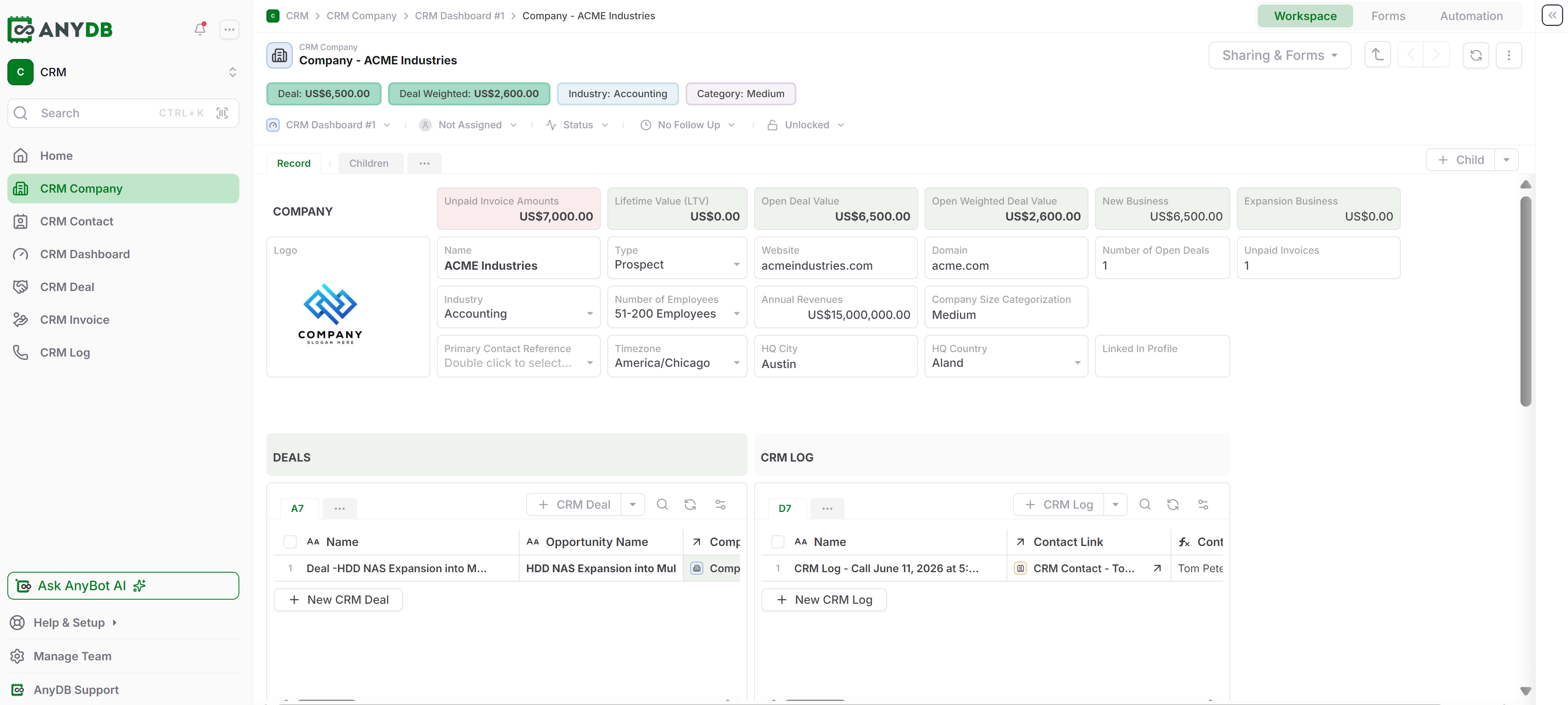 An AnyDB workspace with navigation on the left and content in the main area