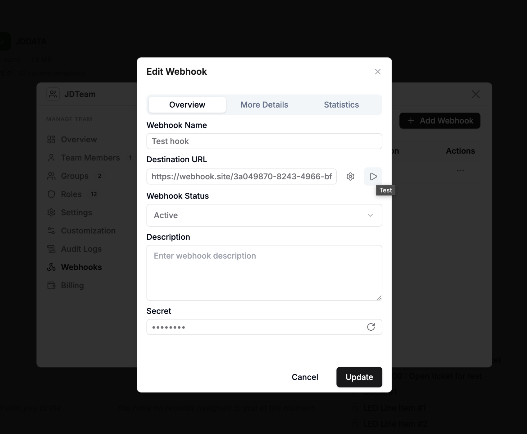 Registered Webhooks in Team Properties