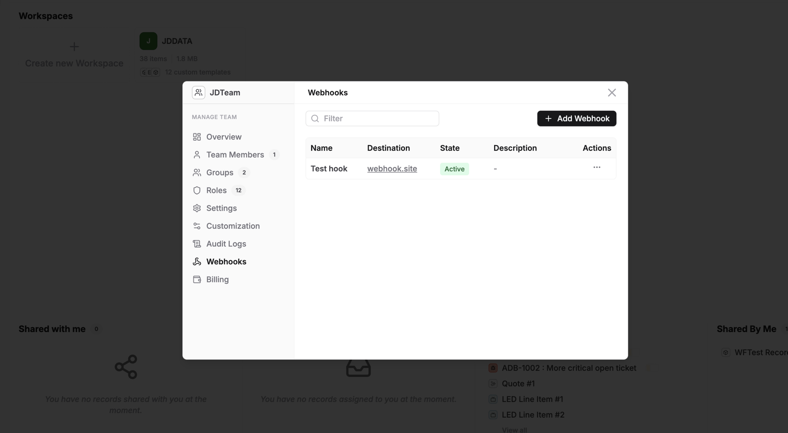 Registered Webhooks in Team Properties