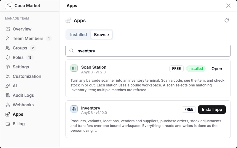 Browse tab filtered to inventory apps
