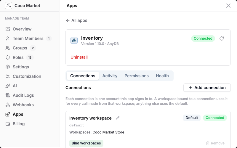 Connections tab with a workspace being bound