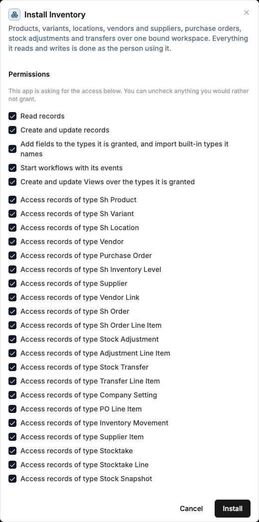 Install dialog for Inventory, listing the permissions it asks for