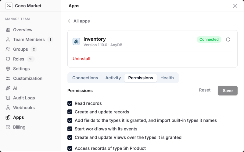 An installed app's Permissions tab