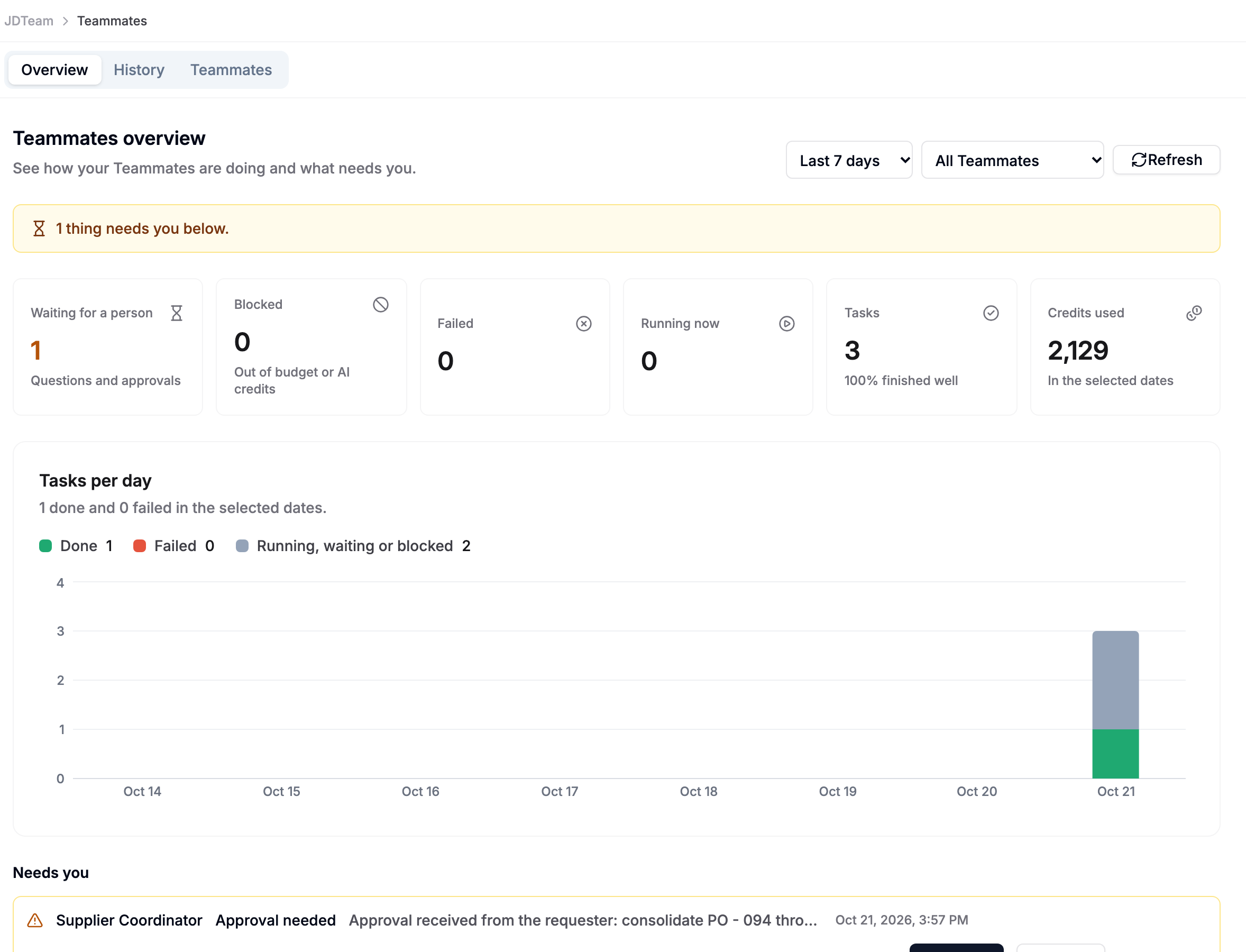 The Teammates dashboard with the approval under Needs you