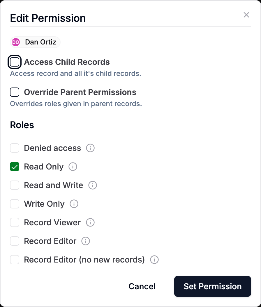 The Edit Permission dialog for Dan Ortiz with Access Child Records unticked and the Read Only role selected