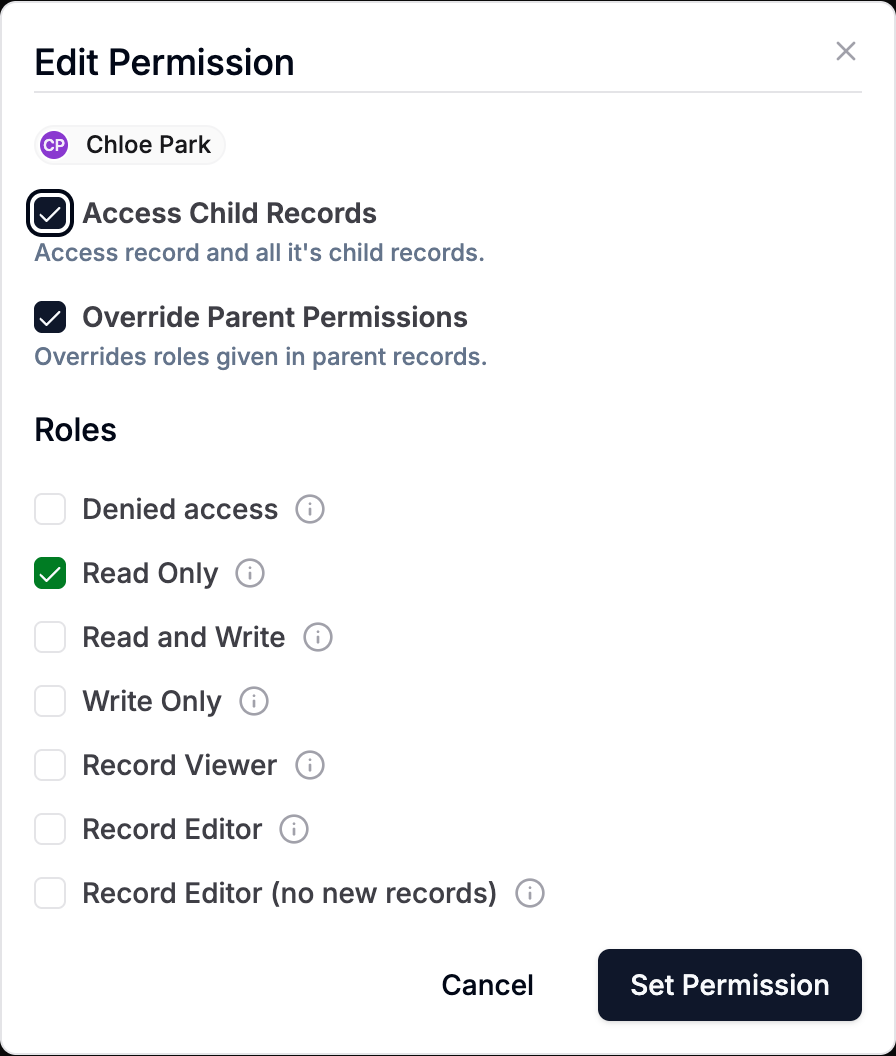 The Edit Permission dialog with Override Parent Permissions ticked and the Read Only role selected