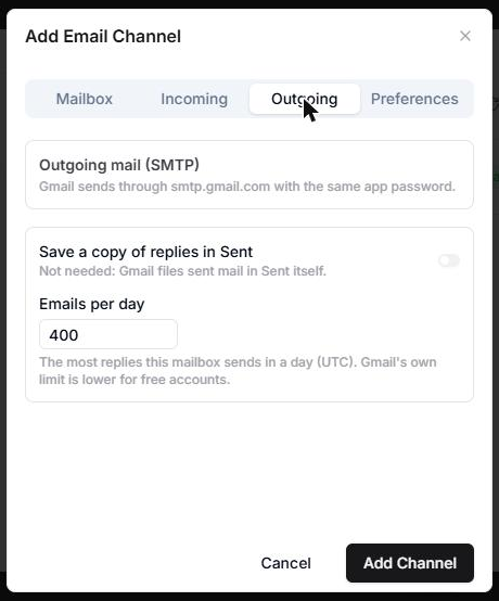 AnyDB Add Email Channel form, Outgoing tab, for a Gmail mailbox, with the Save a copy of replies in Sent switch and Emails per day
