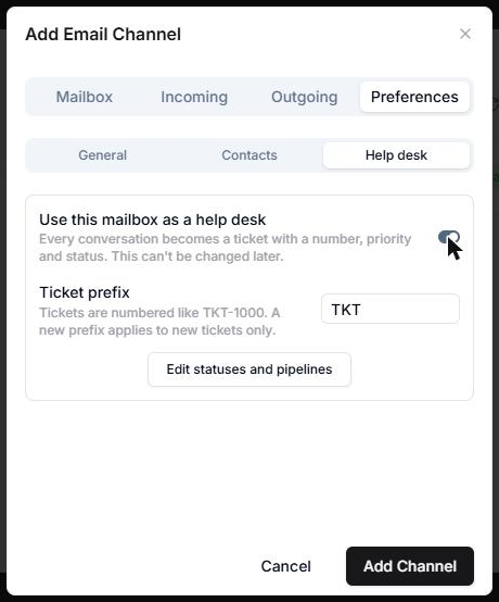 AnyDB Add Email Channel form, Preferences tab, Help desk group, with the help desk switch on, the Ticket prefix and Edit statuses and pipelines