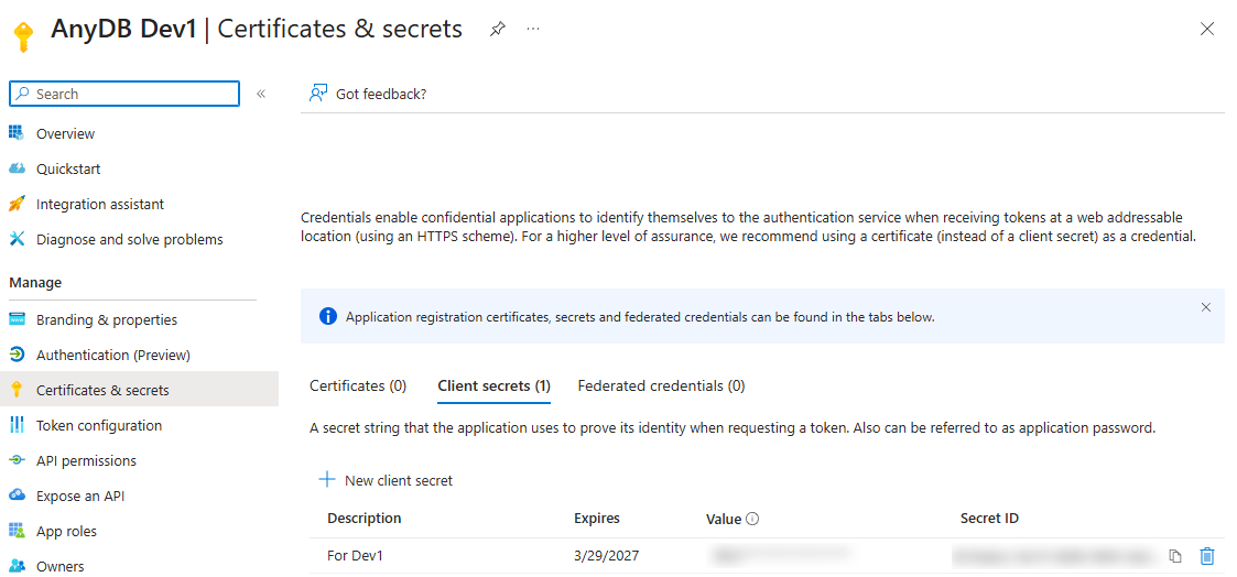 Entra Certificates & secrets with one client secret; its Value and Secret ID are blurred