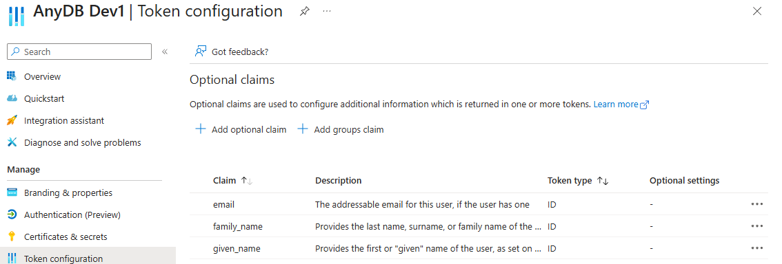 Entra Token configuration listing the email, family_name and given_name optional claims for the ID token