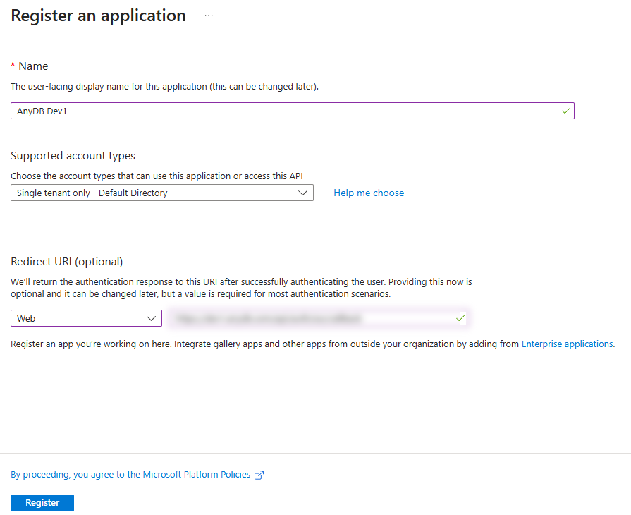 Entra Register an application form with the app name, Single tenant only, and a Web redirect URI (blurred)