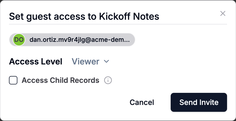 The Guests Access dialog with Access Level and Access Child Records