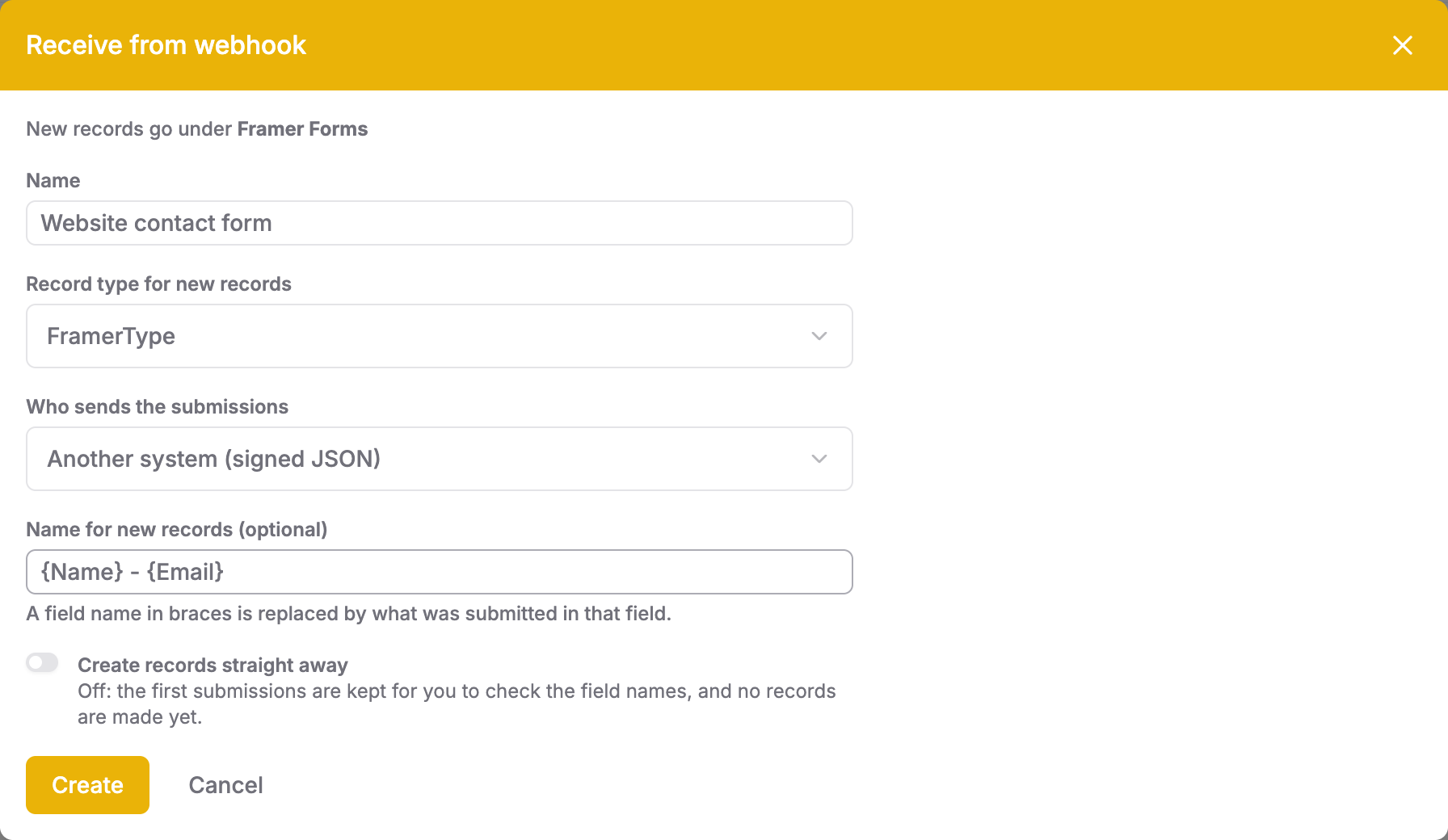 New webhook form with Another system (signed JSON) selected and capture mode enabled