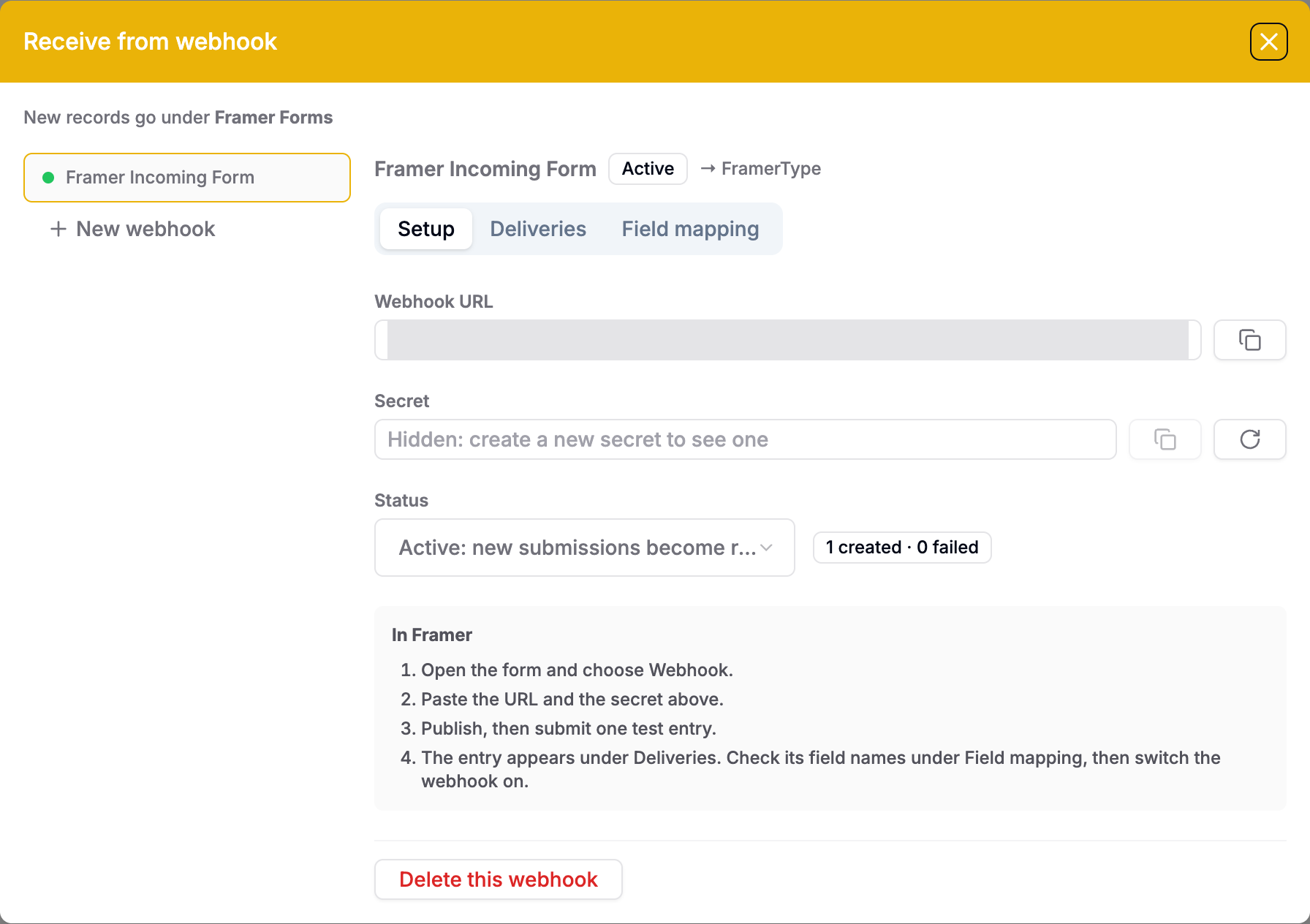 Setup tab showing the endpoint URL, hidden secret, and active status