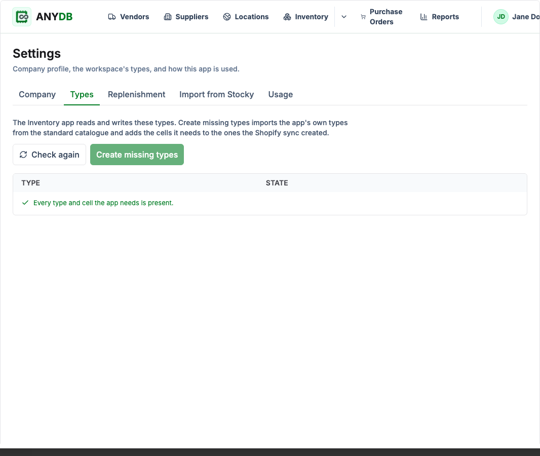 Settings, Types tab, after creating the missing types