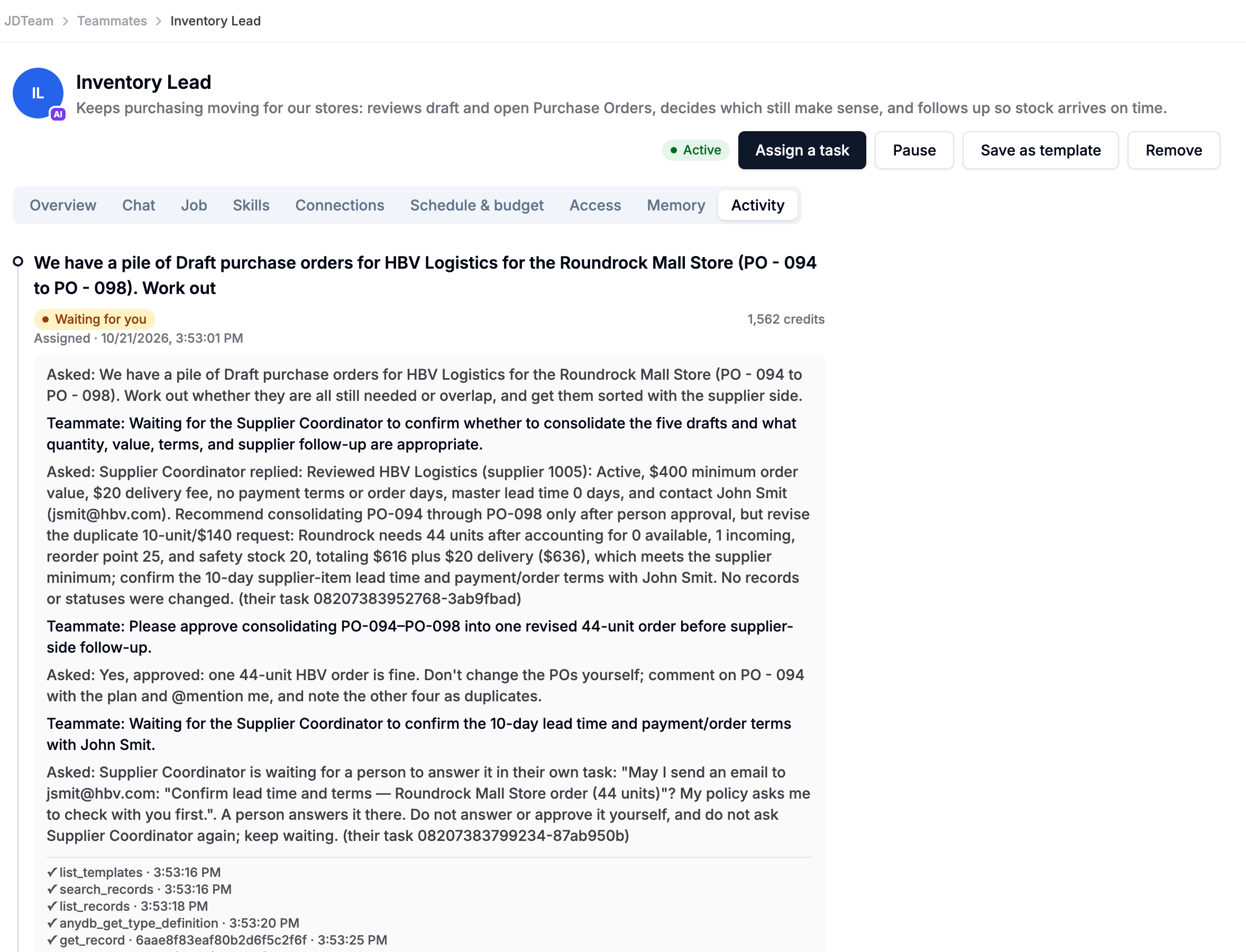 The Inventory Lead task: the hand-off, the reply from its colleague, and the approval from the buyer