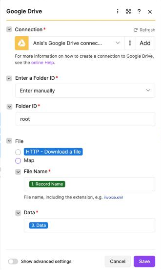 Module 2: Folder ID root, File Name 1. Record Name, Data 3. Data
