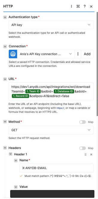 Module 4: API key authentication, the download URL with Team ID, Database ID and Record ID, method GET, header X-ANYDB-EMAIL