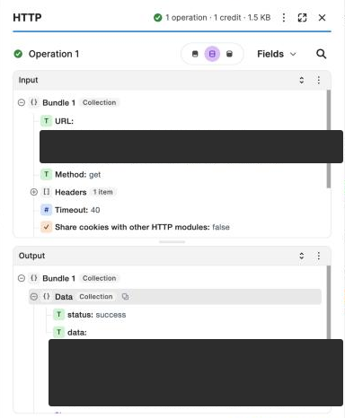 Module 4 run: the request URL (hidden), and output Data with status success and data, the link
