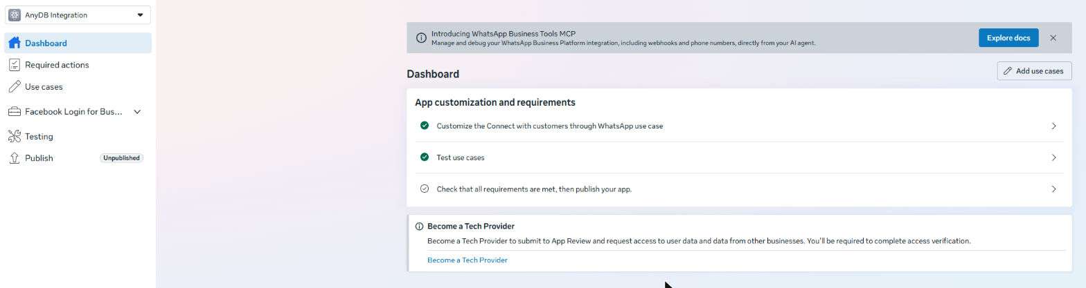 The Meta app Dashboard, with Use cases in the left menu and the App customization and requirements checklist