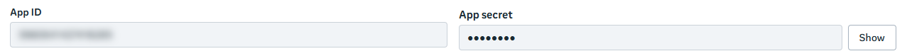 Meta App settings Basic page showing the App ID and the hidden App secret with its Show button (App ID blurred)