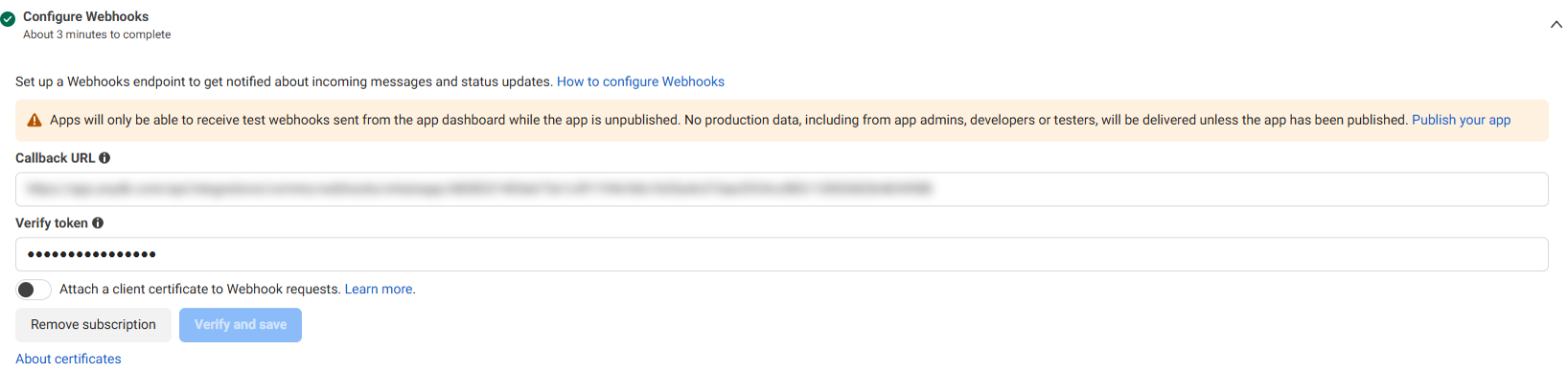 Meta Configure Webhooks with the Callback URL and Verify token fields, and the warning that unpublished apps only receive test webhooks (URL blurred)