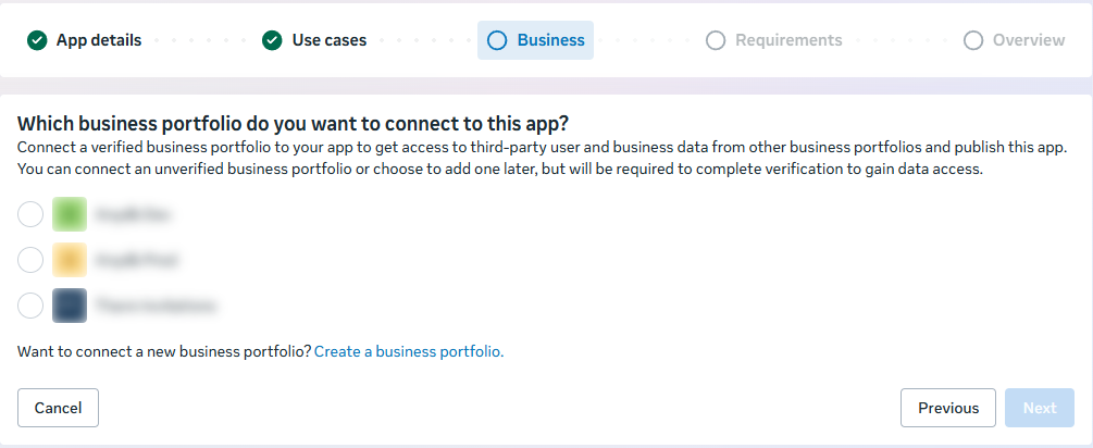 Meta Create an app, Business step, listing the business portfolios to connect to the app (names blurred)