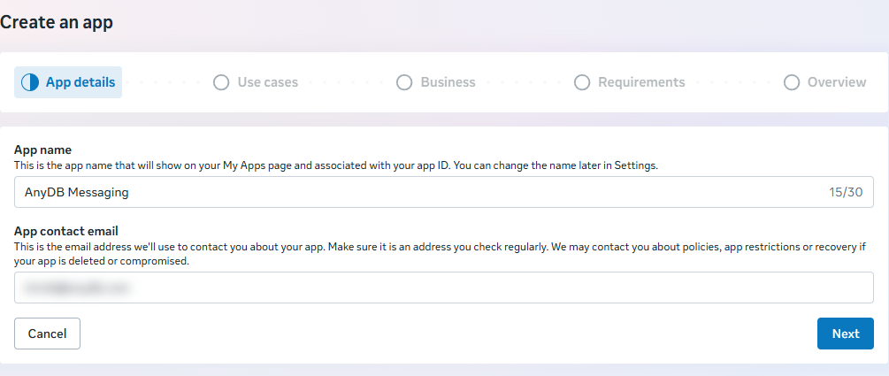 Meta Create an app, App details step, with an app name and the contact email field (email blurred)