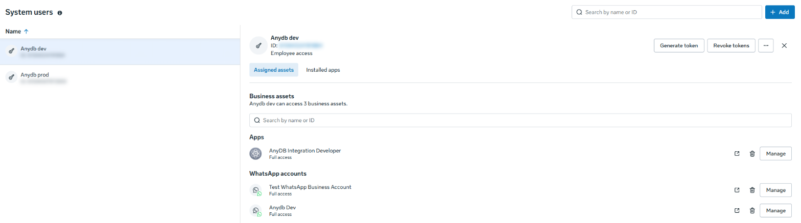 Meta Business Settings System users page, with a system user selected, the Generate token button, and the app and WhatsApp accounts assigned to it (IDs blurred)