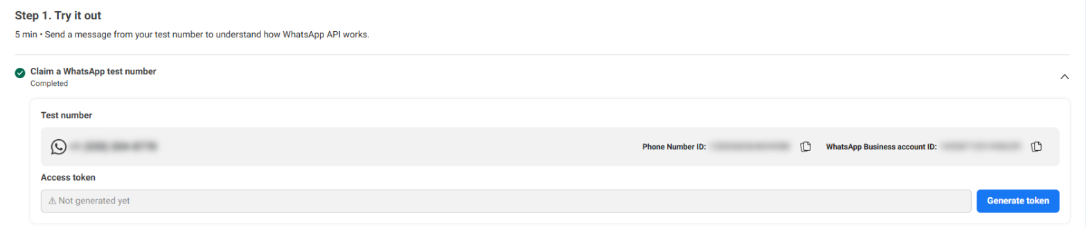 Meta's Step 1. Try it out page showing the test number, Phone Number ID and WhatsApp Business account ID (values blurred)