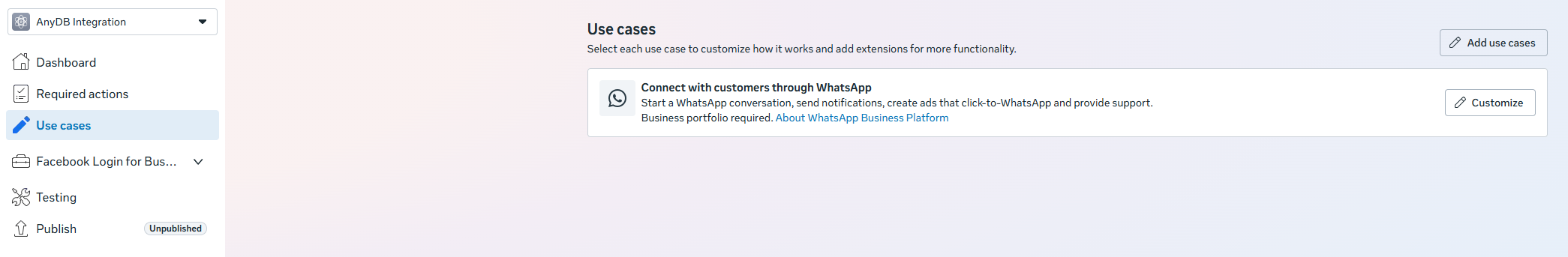 The Use cases page of a Meta app, with the Customize button next to Connect with customers through WhatsApp