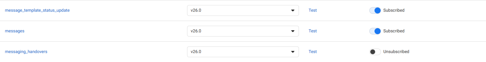 Meta Webhook fields list with the messages field Subscribed