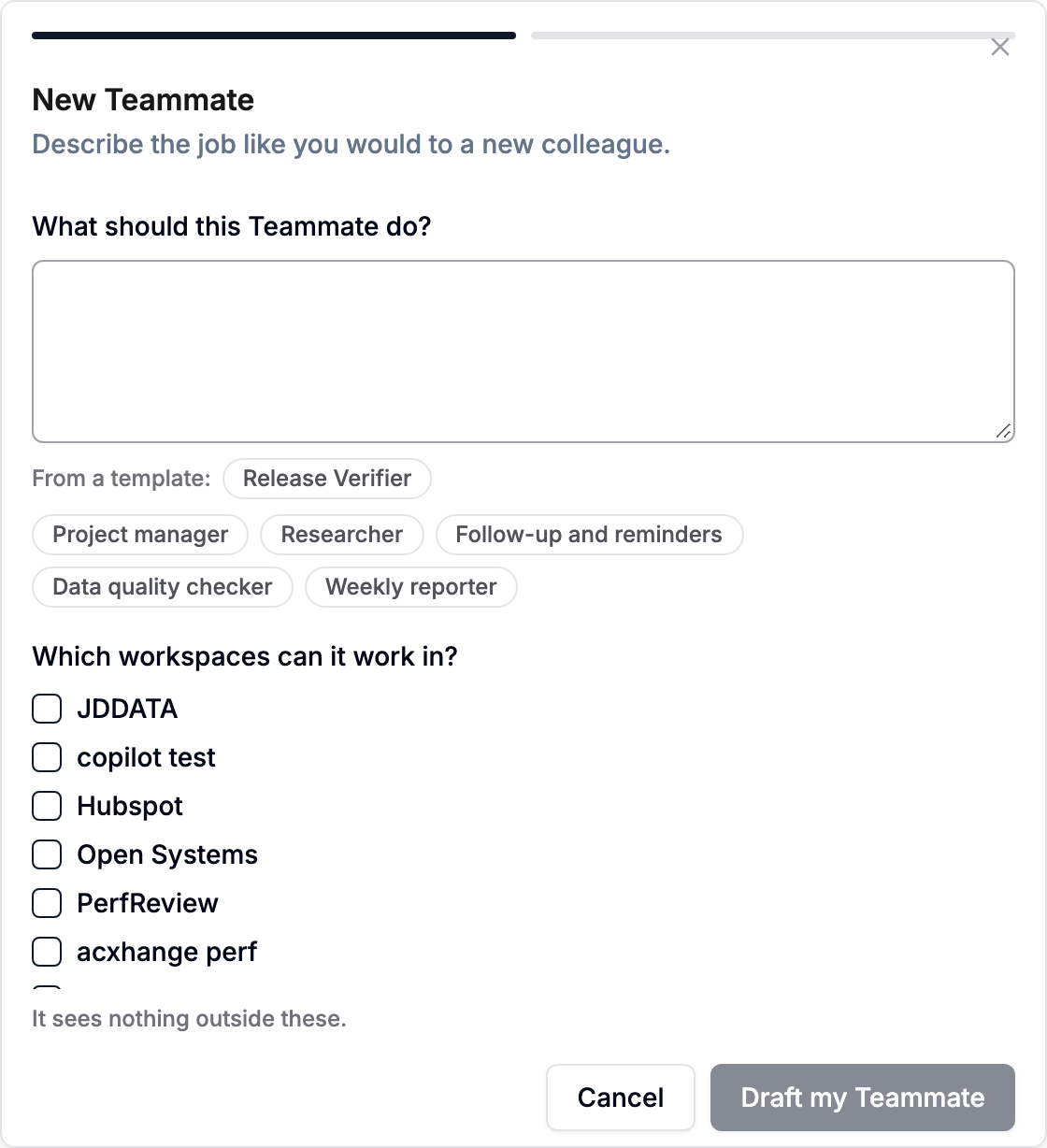 New Teammate: describe the job, or start from a template