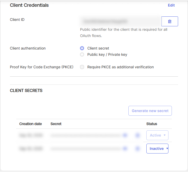 Okta Client Credentials with Client authentication set to Client secret, and the Client Secrets list (values blurred)
